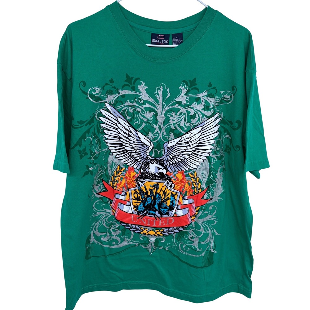 Y2K‎ Green Bugle Boy T Shirt Affliction Style Large Graphic Eagle Felt